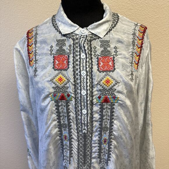 JW Los Angeles Nanoe Embroidered Silk Relaxed Tunic Small Collared South Western - Picture 2 of 12